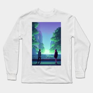 A Couple in Bridge Lofi Scenario Anime Landscape Long Sleeve T-Shirt
